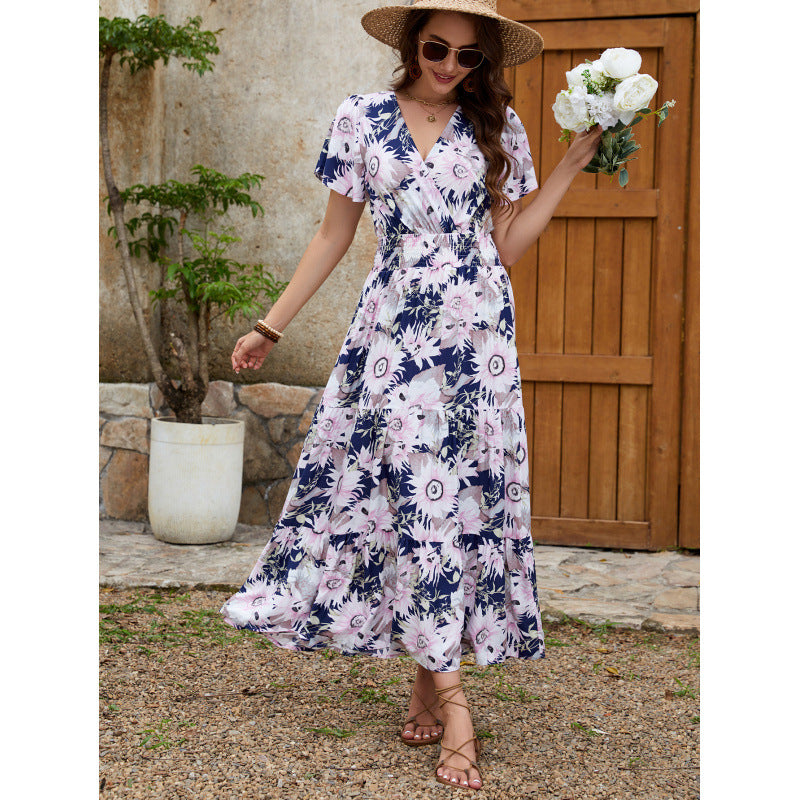 Sunflower Floral Print V-Neck Smocked Waist Flutter Sleeve Tiered Maxi Dress