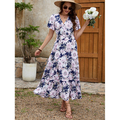 Sunflower Floral Print V-Neck Smocked Waist Flutter Sleeve Tiered Maxi Dress