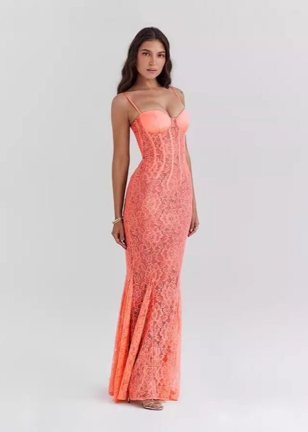 Floral Lace Bustier Corset Boning Mermaid Trumpet Floor-Length Gown