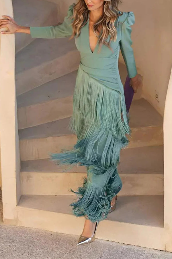 Solid Color V-Neck Long Sleeve Elegant Tassel Maxi Dress