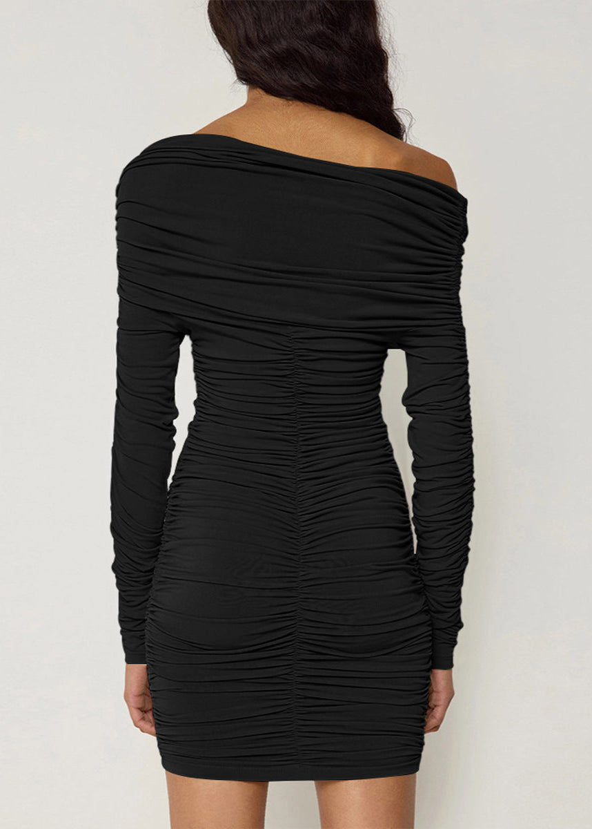 Asymmetric Off-Shoulder Ruched Long Sleeve Bodycon Mini Dress