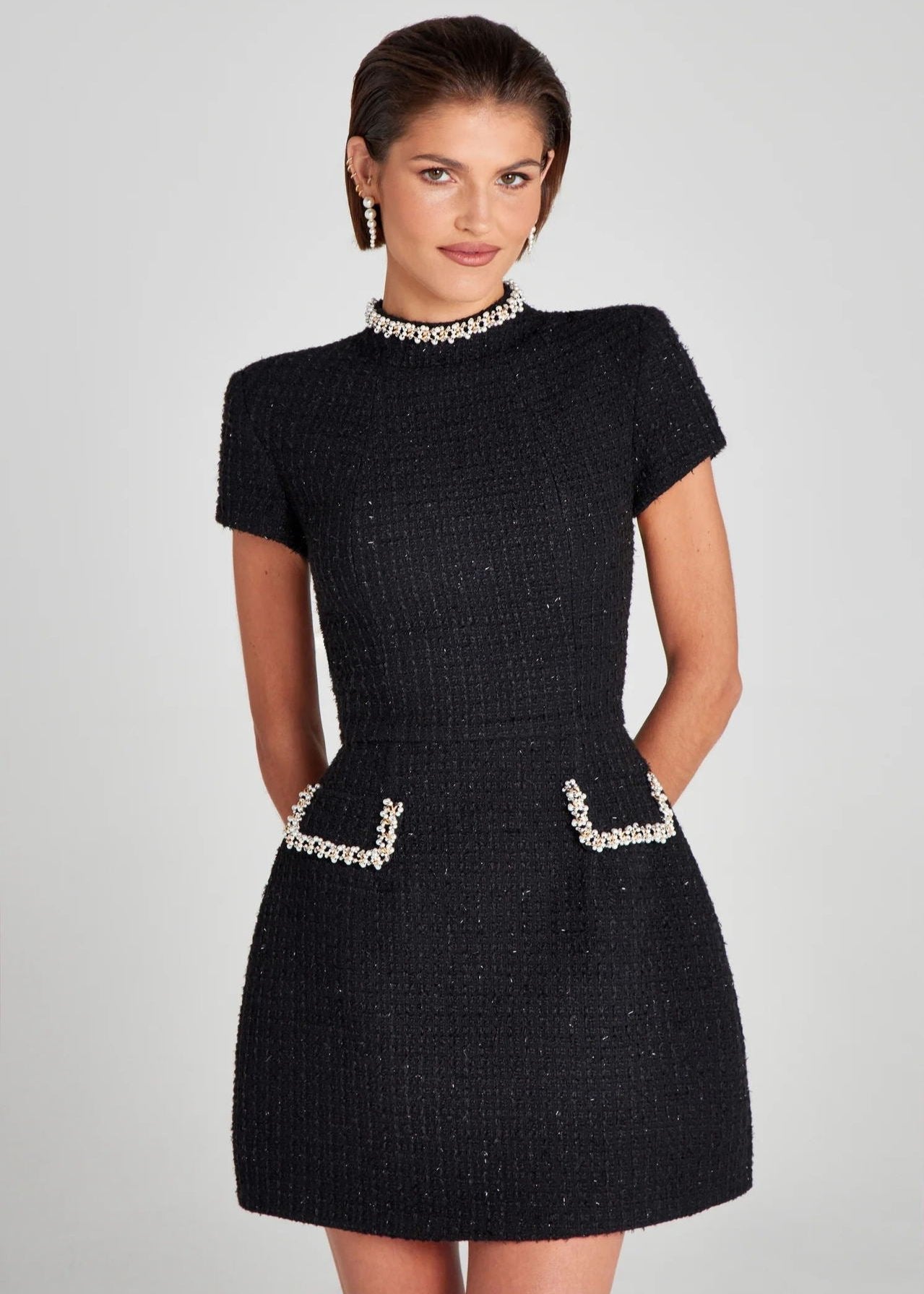 Mock Neck Pearl Crystal Embellished Pocket Tweed Mini Dress
