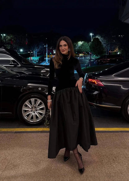 Turtleneck Long Sleeve Velvet Top and Gathered Taffeta Midi Skirt Set