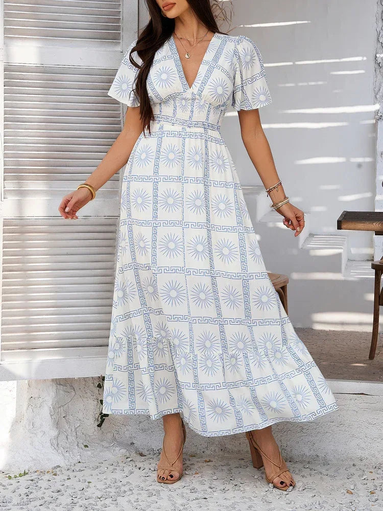 White Floral Maxi Dress With Blue Sun Pattern