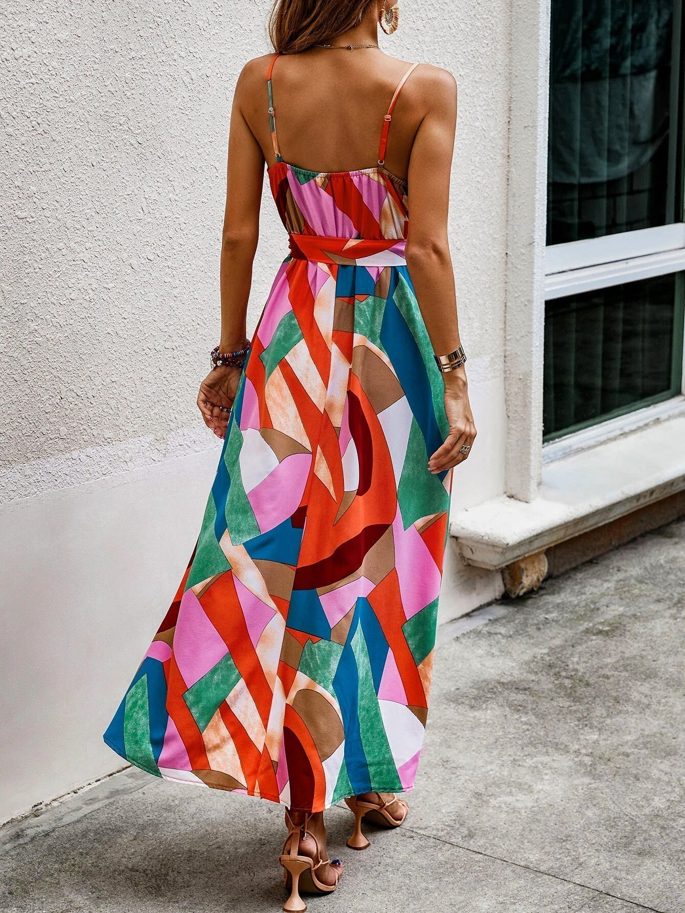 Spaghetti Strap Wrap V-Neck Abstract Geometric High Slit Maxi Dress