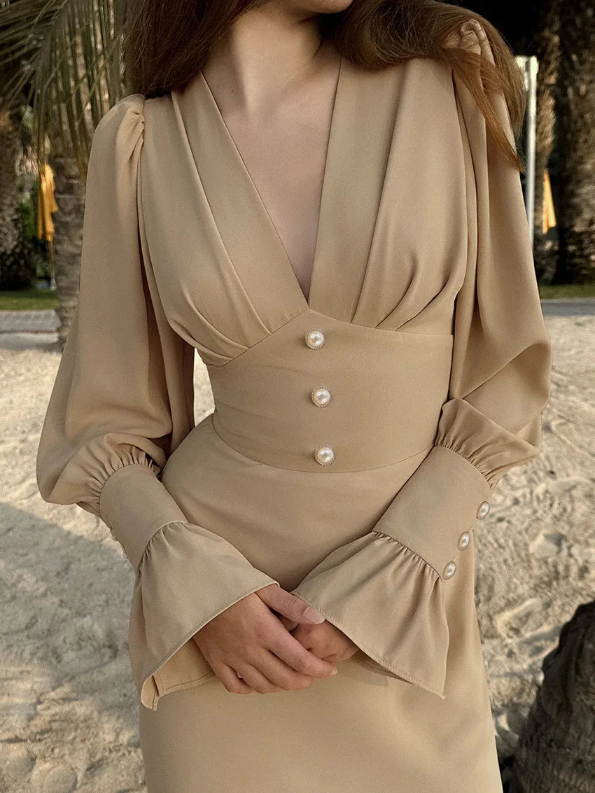 French-style lantern sleeve midi dress