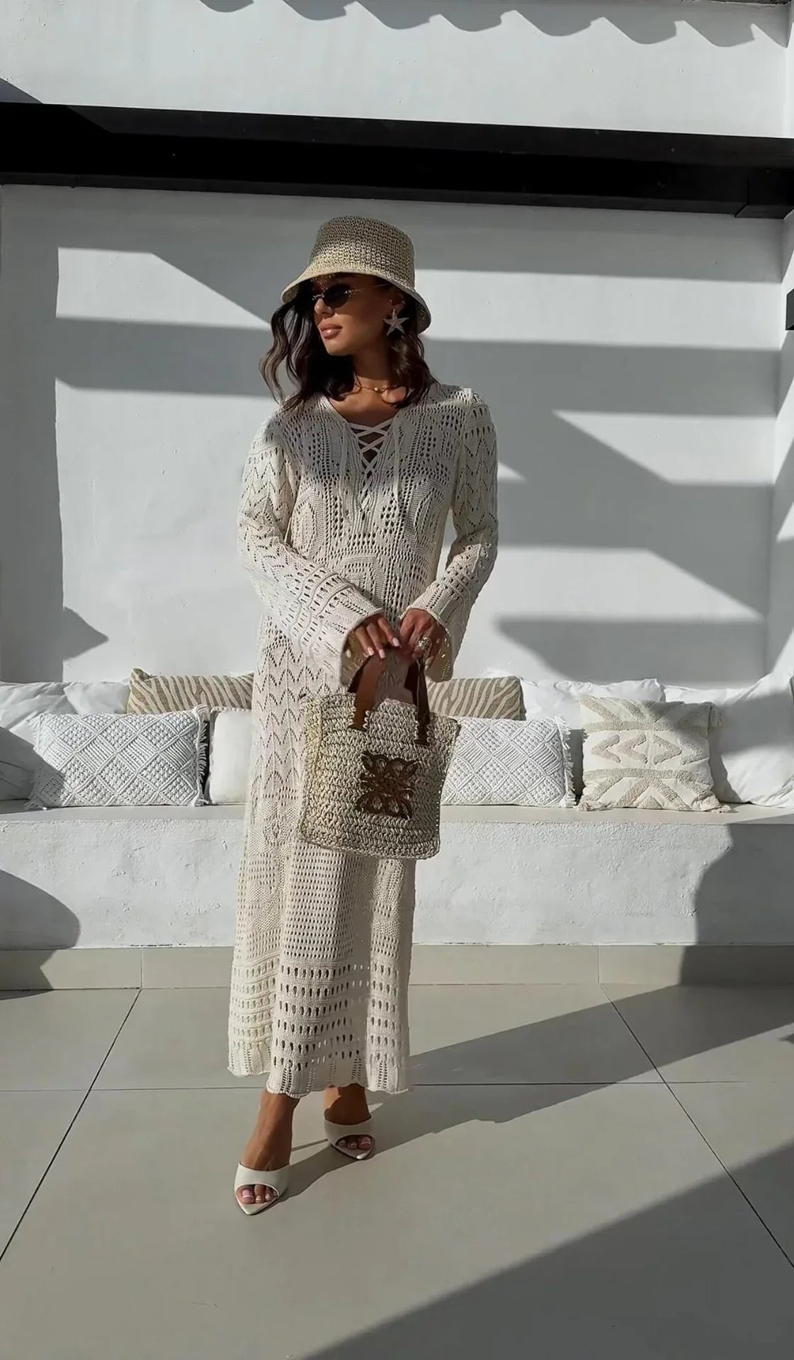 Summer knit hollow v neck beach maxi dress