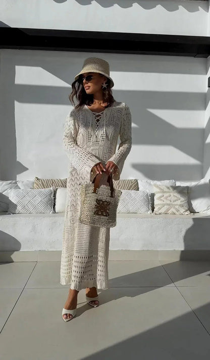 Summer knit hollow v neck beach maxi dress