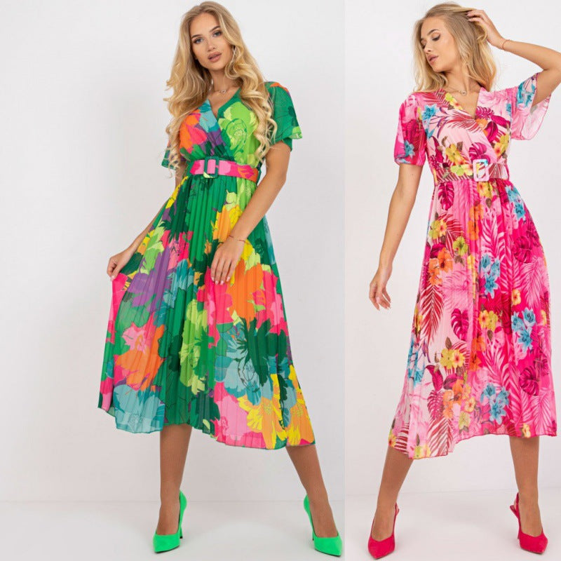 Tropical Floral Print Wrap V-Neck Flutter Sleeve Accordion Pleated Midi Dress