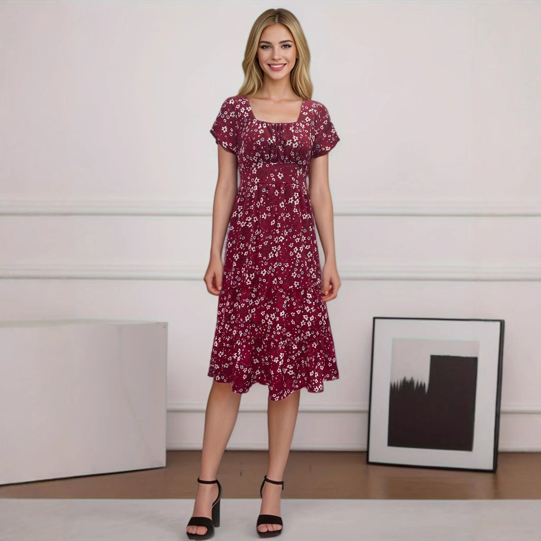 Ditsy Floral Print Square Neck Puff Sleeve Tiered Ruffle Hem Midi Dress
