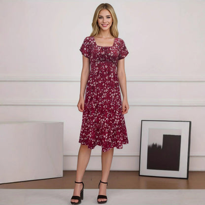 Ditsy Floral Print Square Neck Puff Sleeve Tiered Ruffle Hem Midi Dress