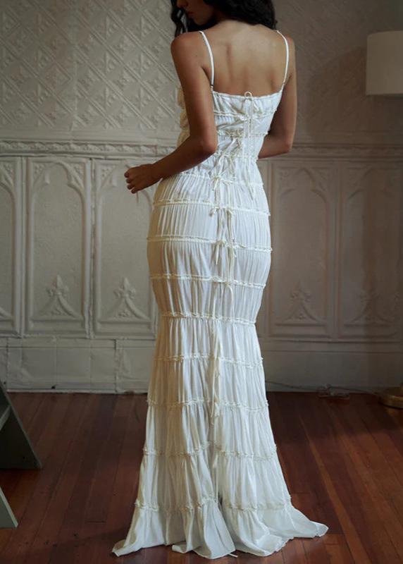 Spaghetti Strap Sweetheart Neck Smocked Tiered Ruffle Tie Front Maxi Dress