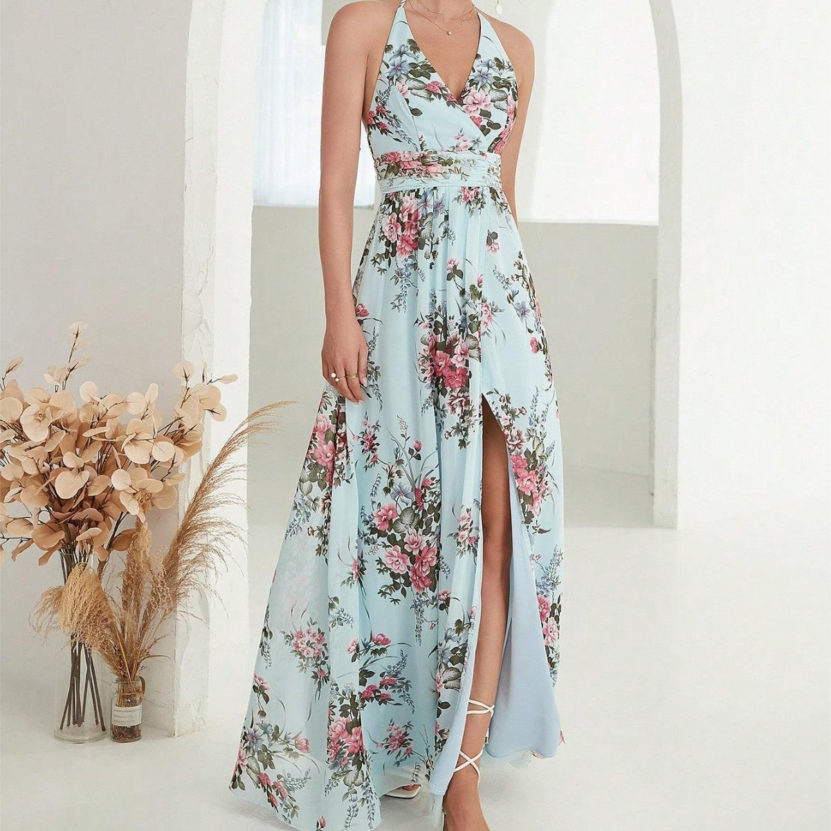 Floral Print Halter Neck Wrap Bodice Pleated Waist High Slit Maxi Dress