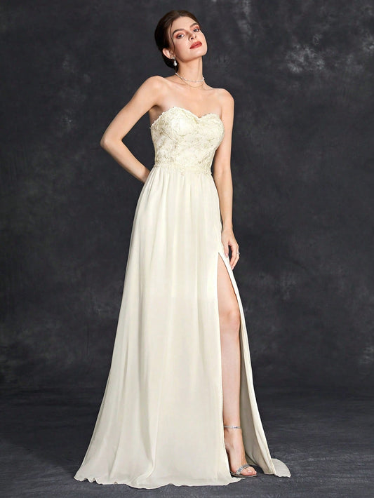 Graceful Tube Top Evening Dress Cocktail Ball Slit Dress Annual Meeting Host Dress