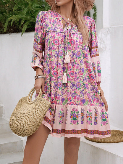 Floral Boho Mini Summer Dress with Tassels