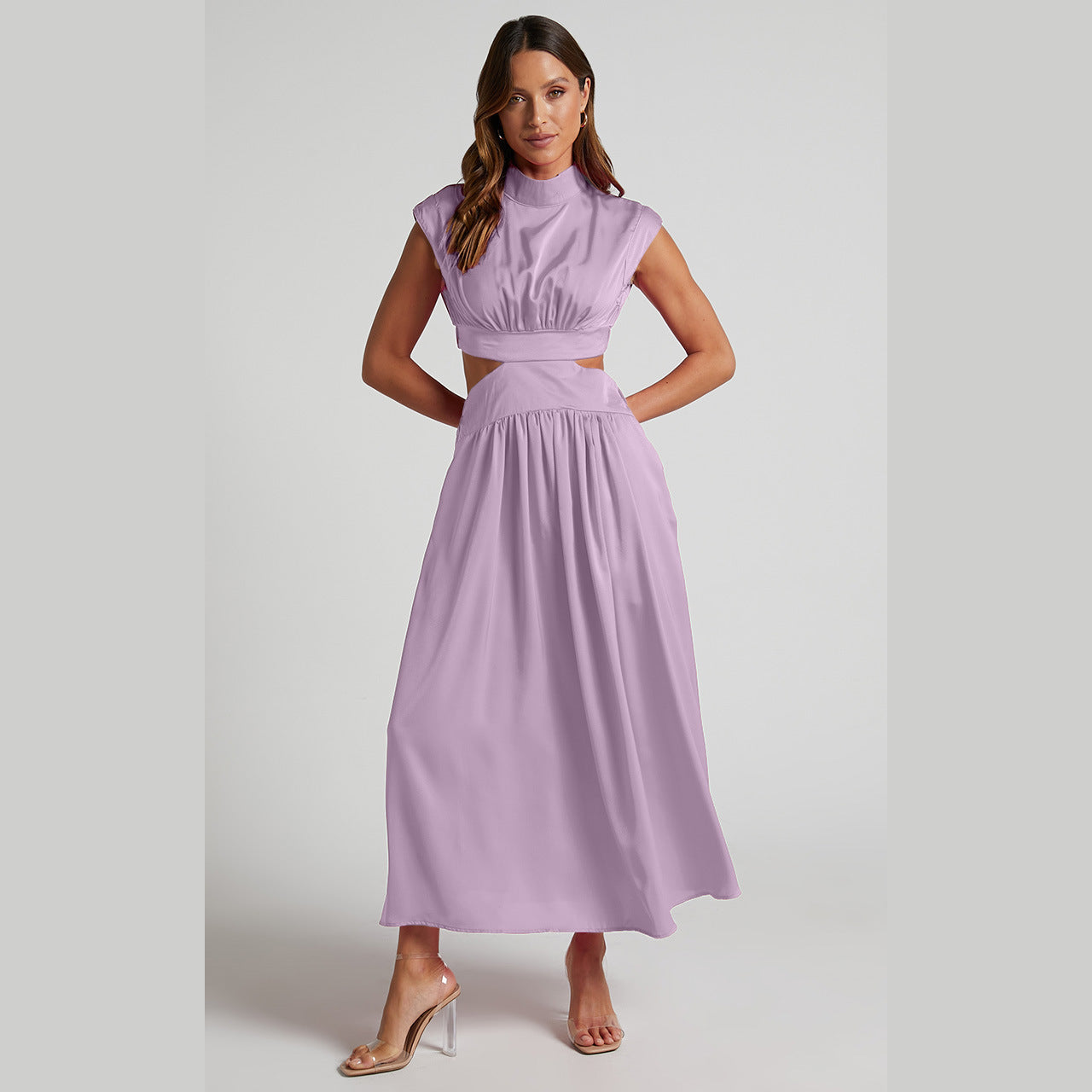 Mock Neck Cap Sleeve Pleated Bodice Waist Cutout Flared Midi Dress