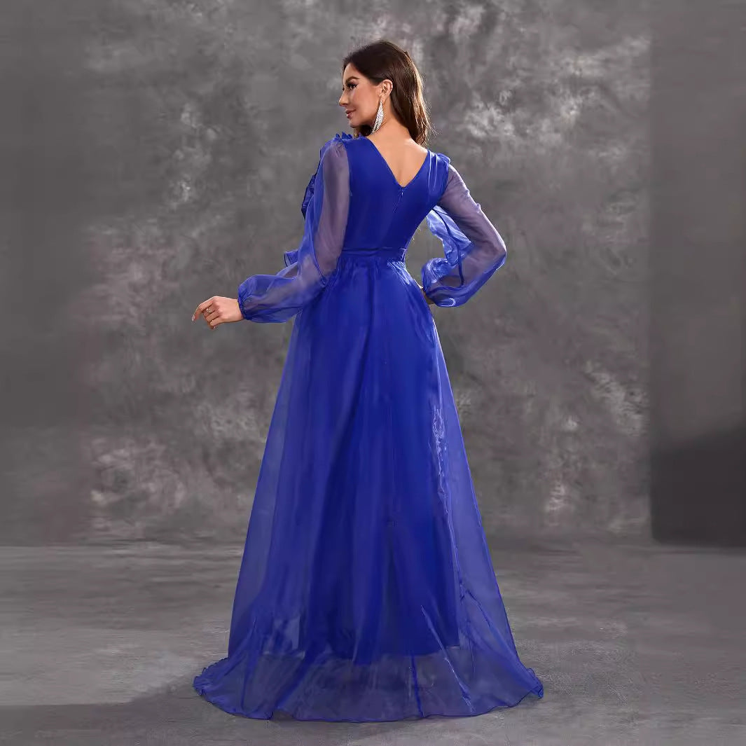 Prom Evening Dress V Neck Long Sleeve Three Dimensional Flounce Decorative Elegant Dress