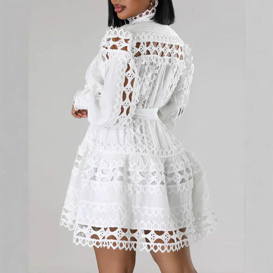 Lace Stitching Hollow Out Cutout Long Shirt Dress