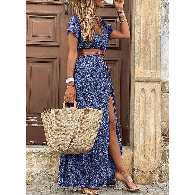 Paisley Print Deep V-Neck Short Sleeve High Slit Flowy Maxi Dress