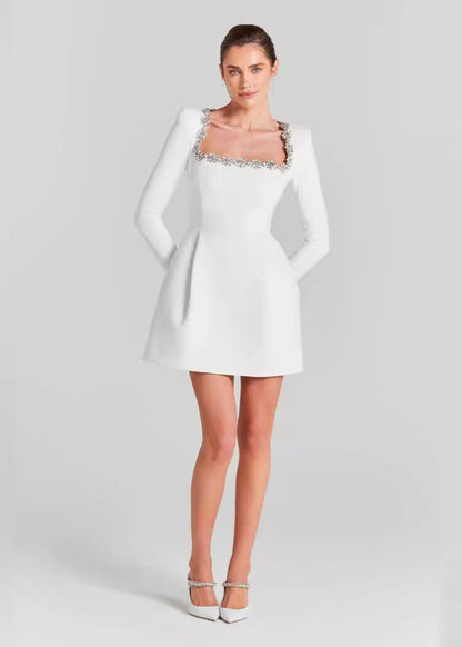 Crystal Embellished Square Neck Padded Shoulder Structured Mini Dress