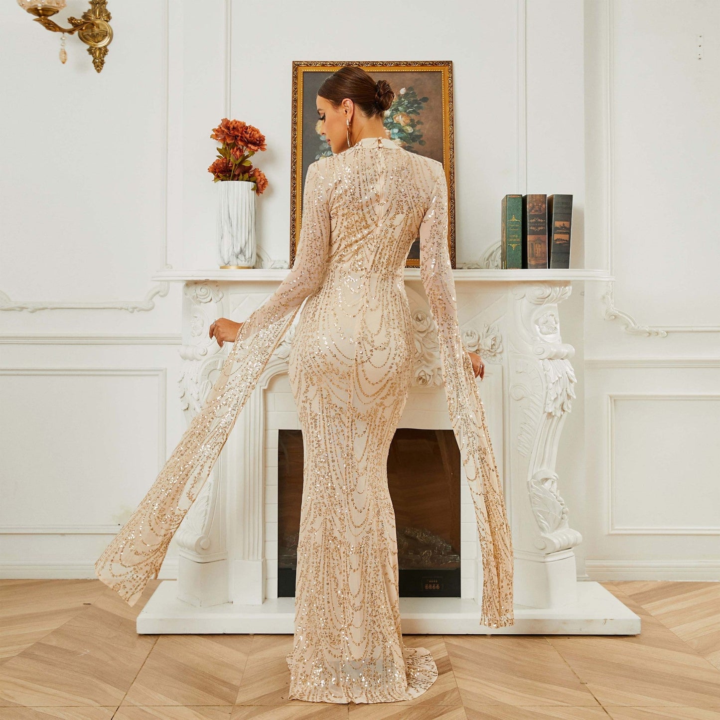 High End Long Sequined Long Sleeve Round Neck Cocktail Evening Dress Bridesmaid Dress