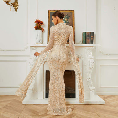 High End Long Sequined Long Sleeve Round Neck Cocktail Evening Dress Bridesmaid Dress
