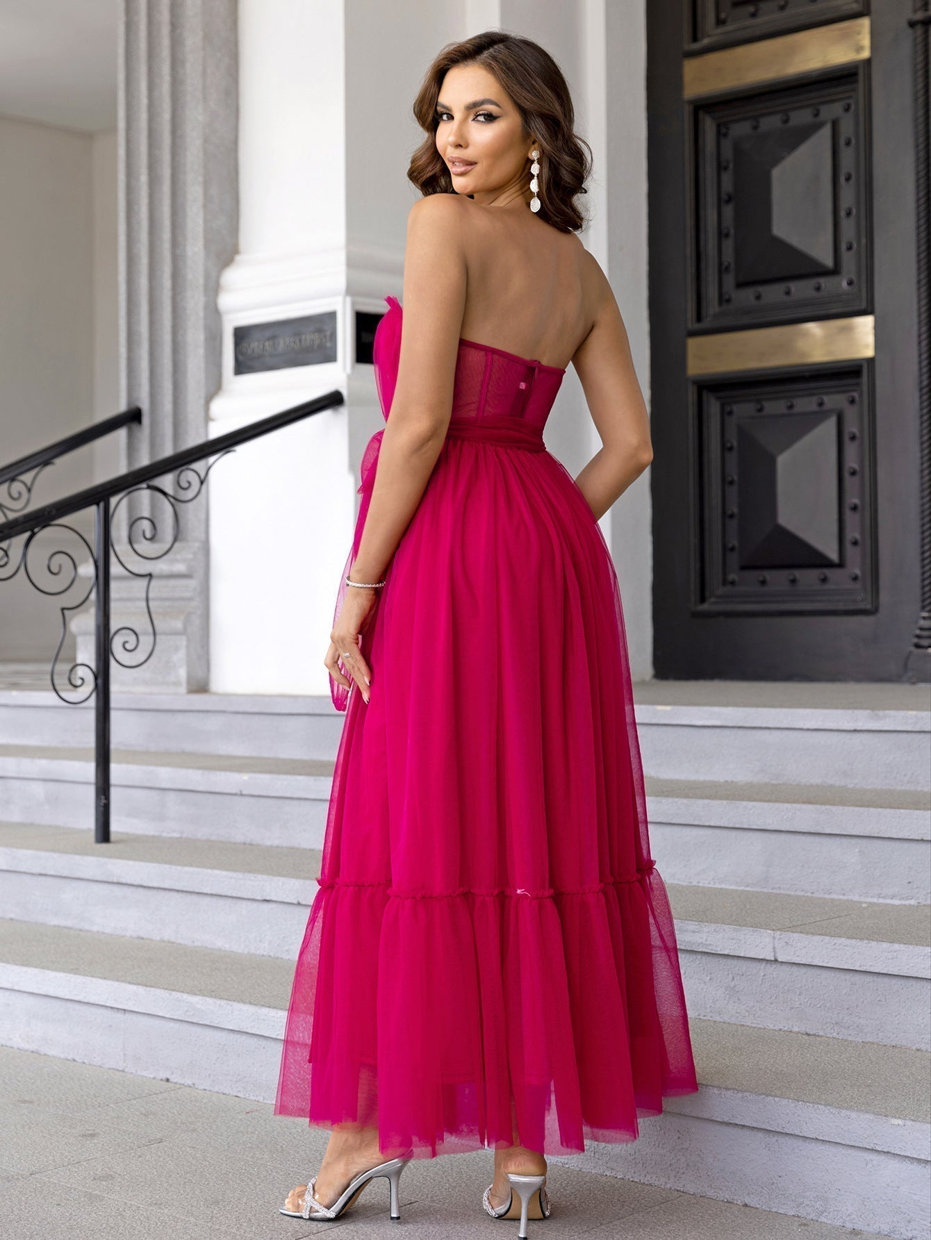 Strapless Sweetheart Ruched Tulle Waist Bow Tiered Ruffle Maxi Gown