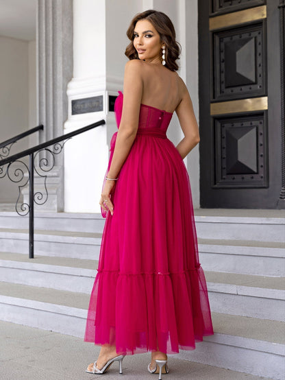 Strapless Sweetheart Ruched Tulle Waist Bow Tiered Ruffle Maxi Gown