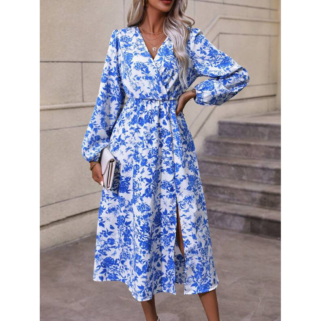 Toile Floral Print Surplice V-Neck Lantern Sleeve Tie Waist Side Slit Midi Dress