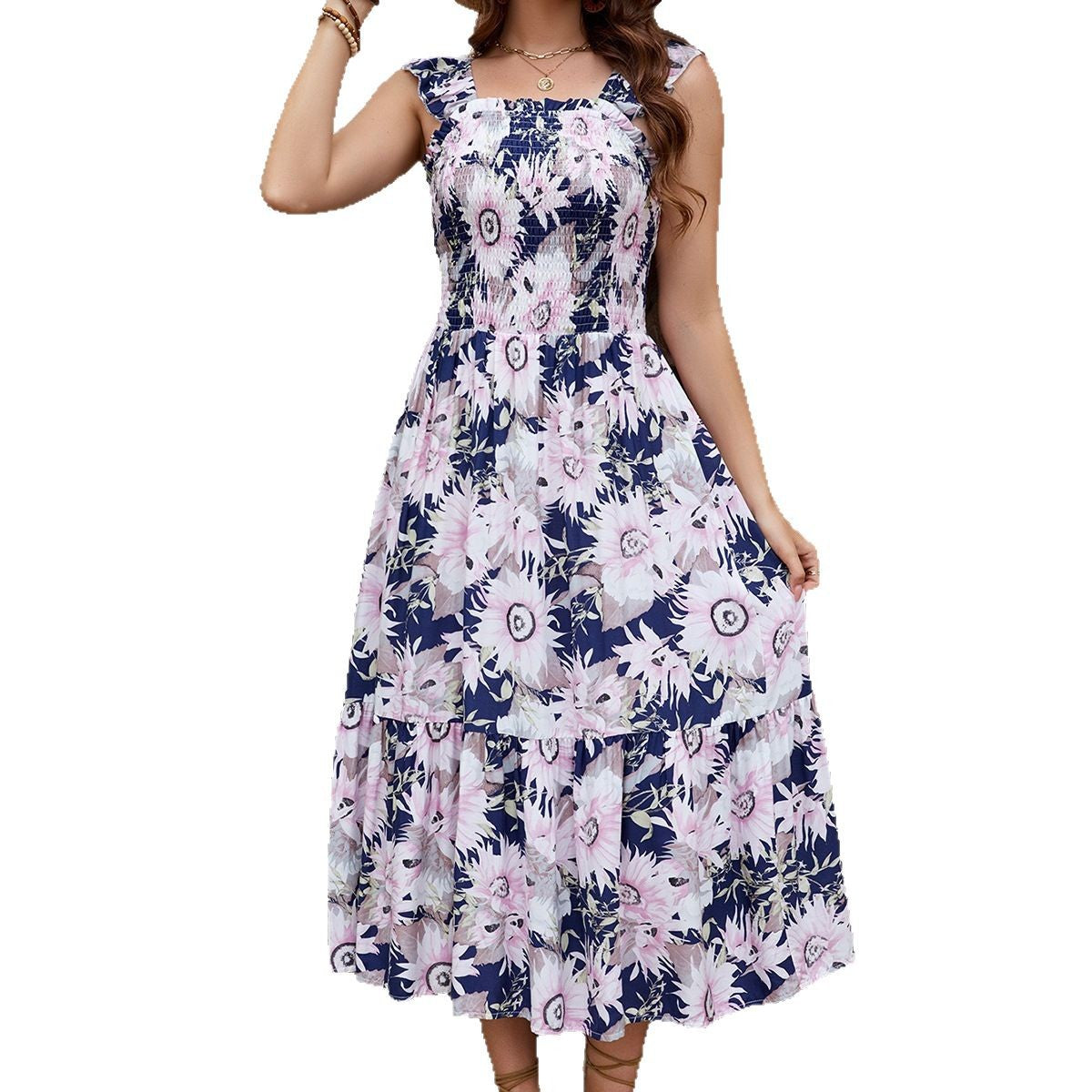Large Floral Print Square Neck Smocked Bodice Ruffle Strap Tiered Midi Dress
