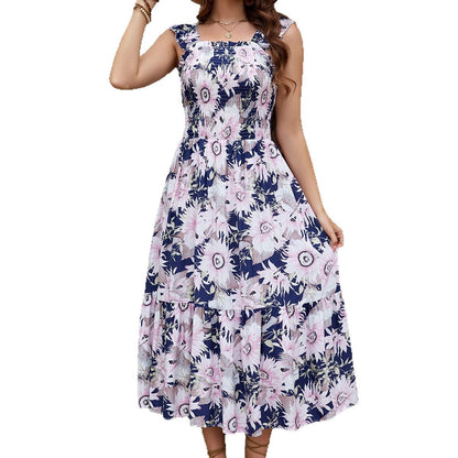 Large Floral Print Square Neck Smocked Bodice Ruffle Strap Tiered Midi Dress