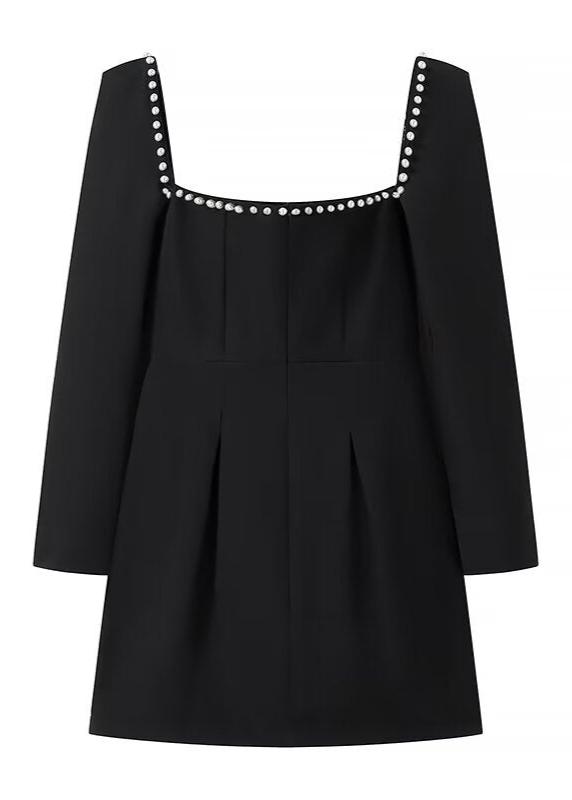 Pearl Trim Square Neck Long Sleeve Fit and Flare Mini Dress
