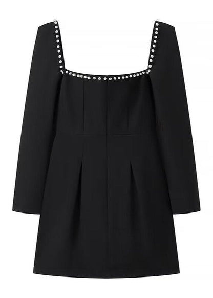 Pearl Trim Square Neck Long Sleeve Fit and Flare Mini Dress