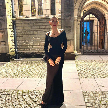 Fall Maxi Dress Elegant Backless Chain Long Sleeve
