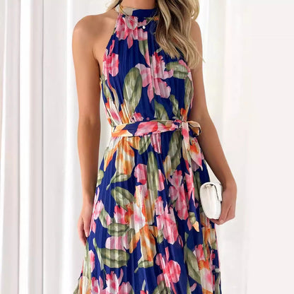Large Swing Dress Vacation Sleeveless Lace Printing Halter