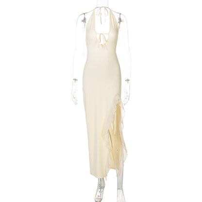 Ruffled V neck Lace up Backless Dress