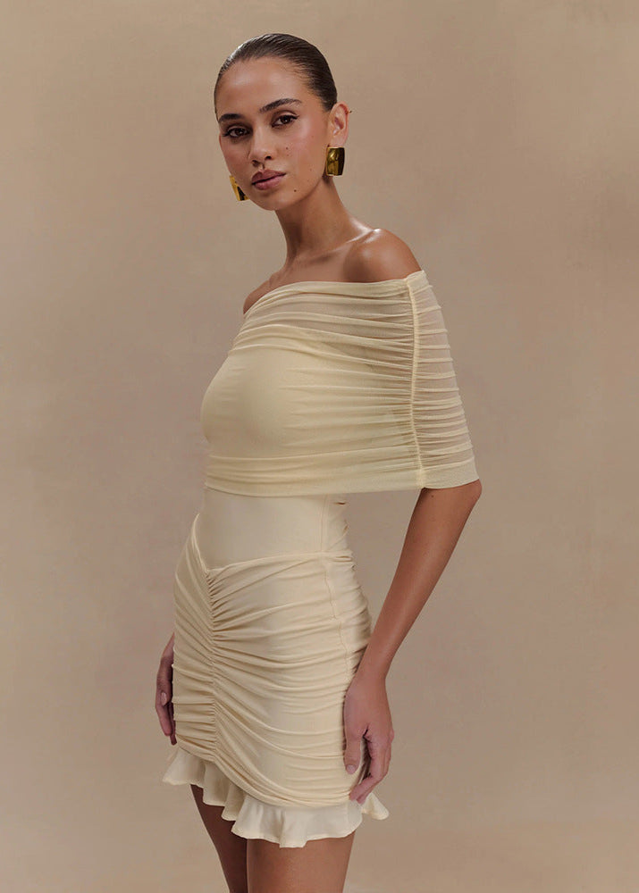 Off Shoulder Ruched Mesh Overlay Center Gather Flounce Hem Bodycon Mini Dress