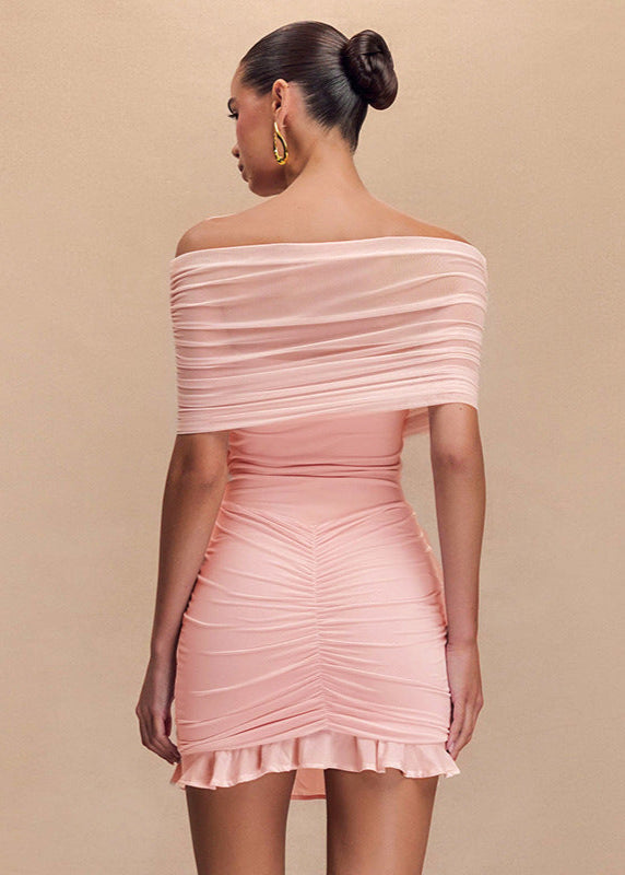 Off Shoulder Mesh Overlay Ruched Lettuce Hem Bodycon Mini Dress
