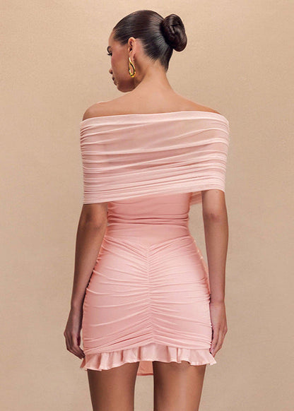 Off Shoulder Mesh Overlay Ruched Lettuce Hem Bodycon Mini Dress