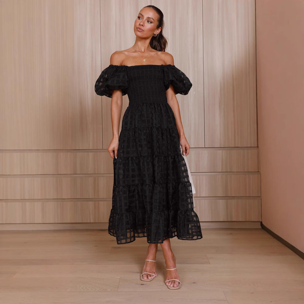 One Neck Lantern Sleeve Layer Stitching Dress