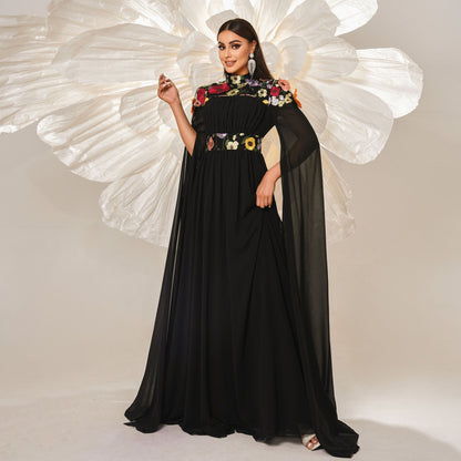 High End Turtleneck Long Cocktail Embroidered Evening Dress Bridesmaid Dress Waist Controlled Large Hem
