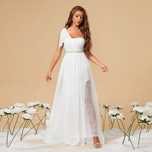One Shoulder Dress White Slit See through Waist Slimming Annual Party Evening Dress