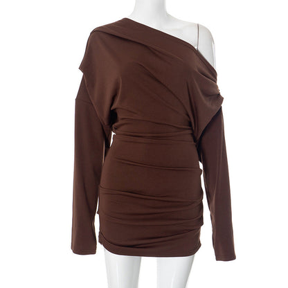 Mature Solid Color Long Sleeve off the Shoulder Upper Body Loose Short Dress
