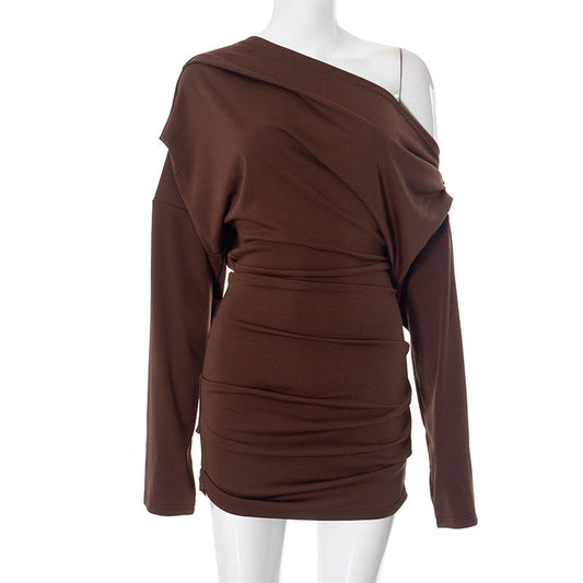 Mature Solid Color Long Sleeve off the Shoulder Upper Body Loose Short Dress