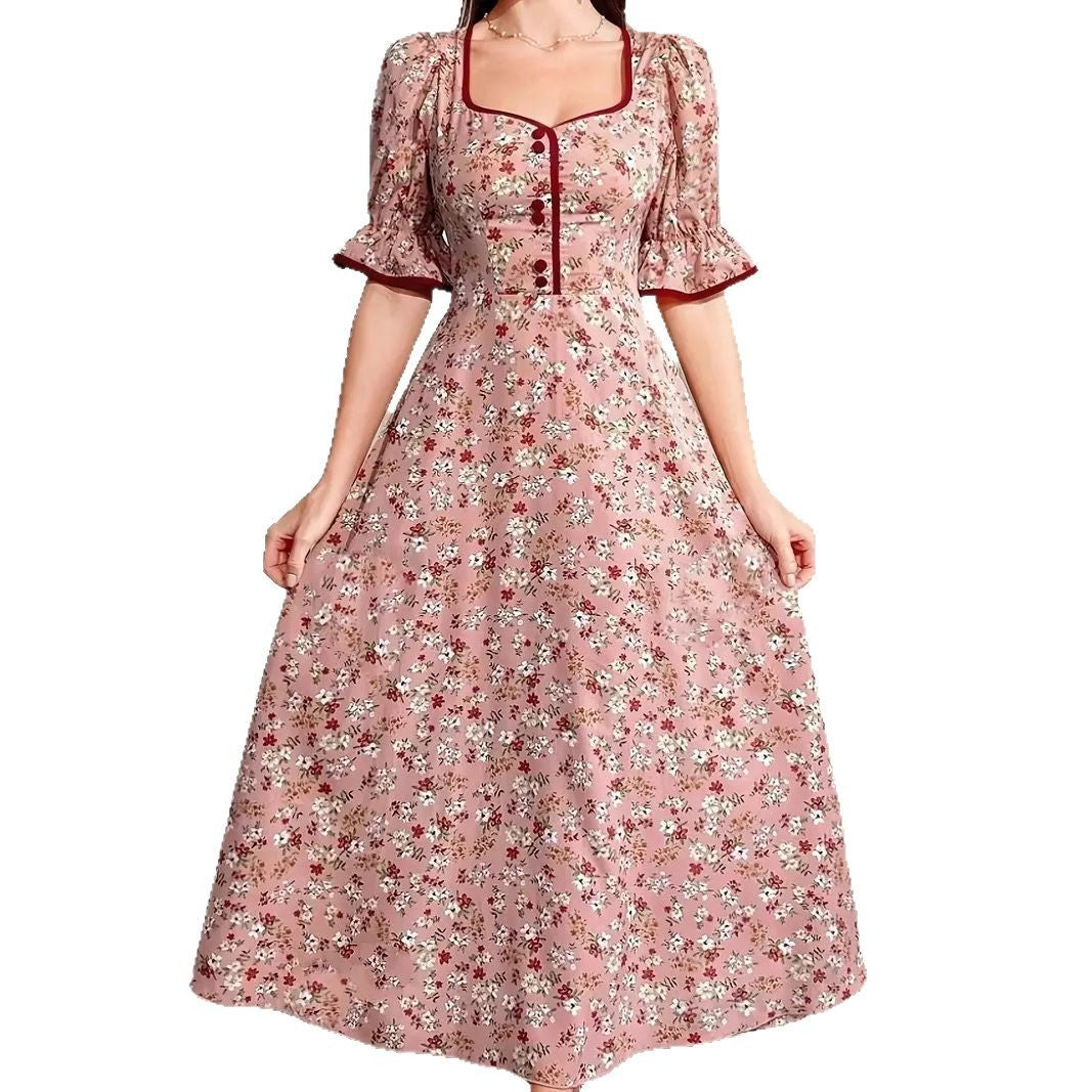 Ditsy Floral Square Neck Puff Sleeve Button Placket Contrast Trim Maxi Dress