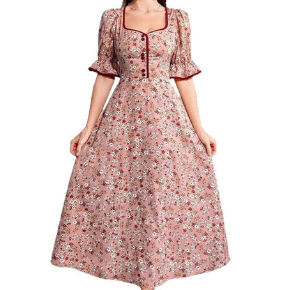 Ditsy Floral Square Neck Puff Sleeve Button Placket Contrast Trim Maxi Dress