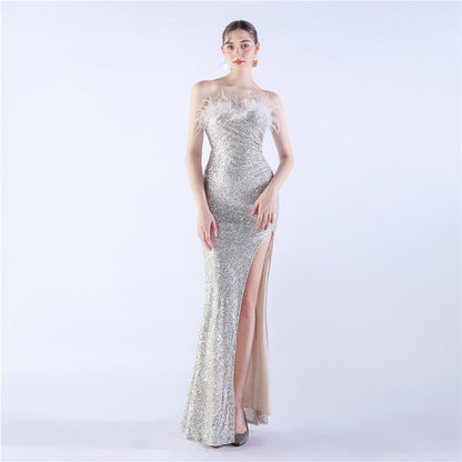 Ostrich Feather Shrink Folding Wrinkle Craft Host Dinner High End Evening Dress