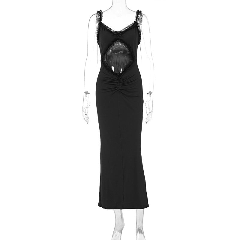 Suspender Wooden Ear Collarless Cropped Slim Fit Jumpsuit Maxi