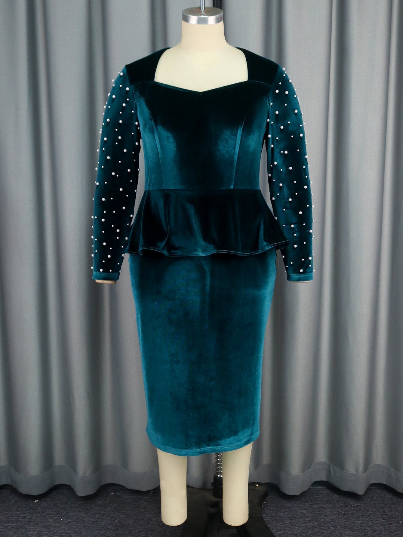 Elegant Long Sleeve Beaded Dress  Flannel High Waist Dress