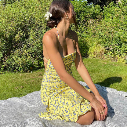 Ditsy Floral Print Halter Neck Tie-Front Ruched High-Slit Maxi Dress
